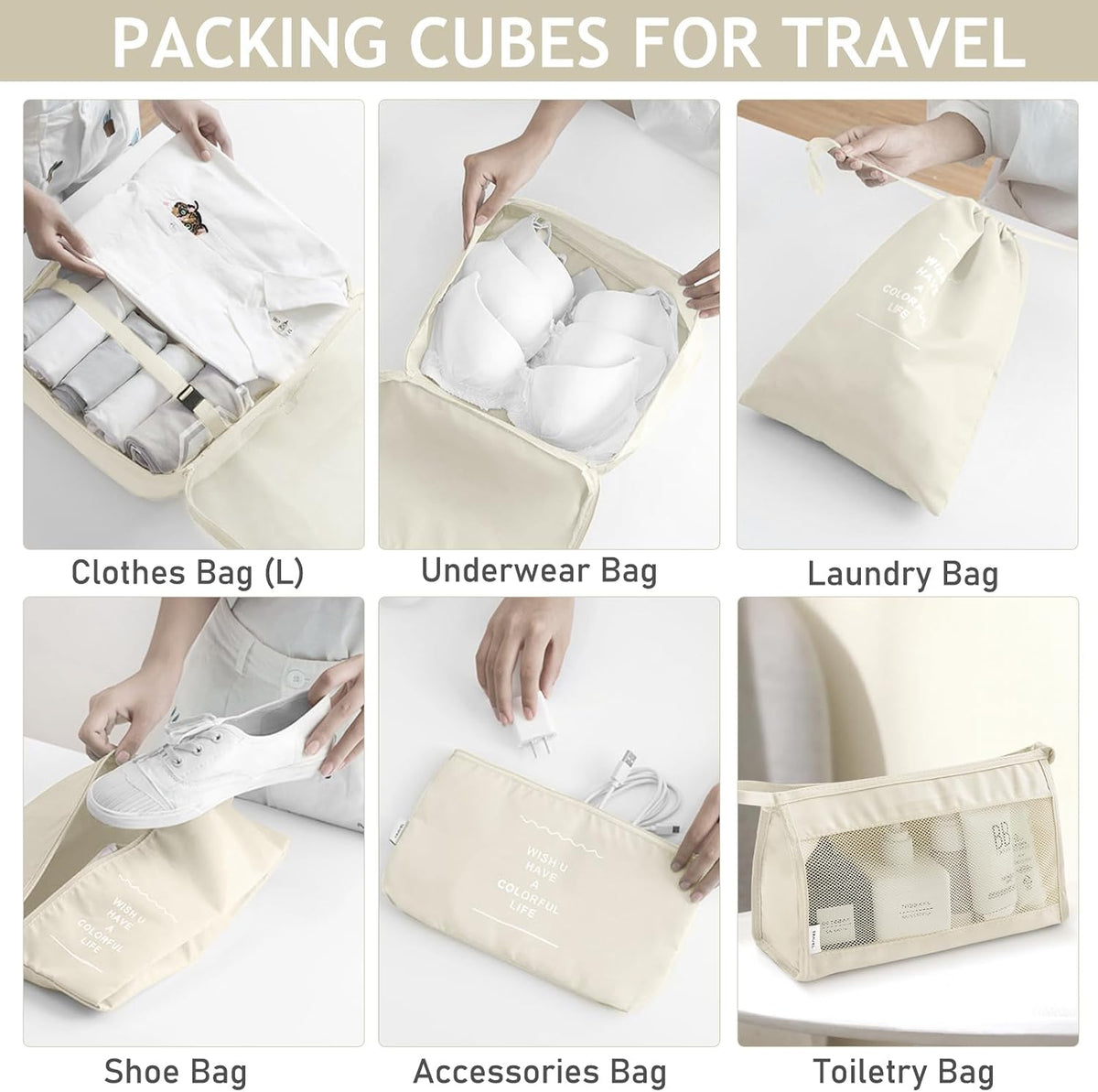 KPX 8 Set Packing Cubes for Travel, Luggage Packing Organizers Accessories Large Toiletries Bag for Clothes Shoes Cosmetics (Beige)