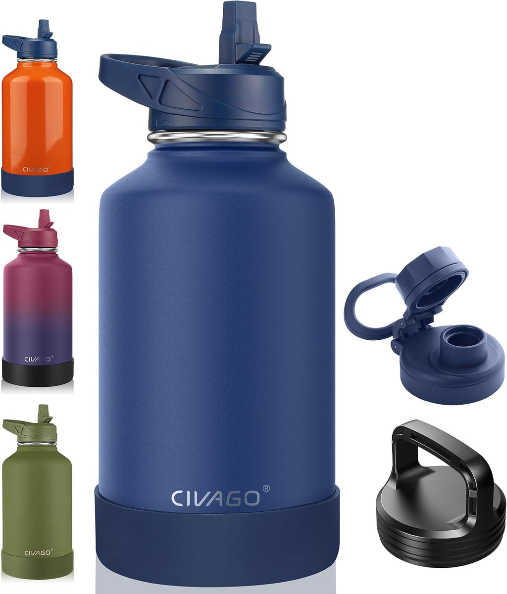 CIVAGO 64 oz Insulated Stainless Steel Water Bottle With Straw and 3 Lids