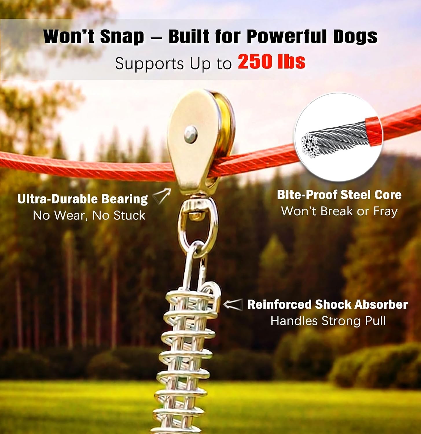 Heavy Duty Aerial Dog Tie Out Trolley System for Small to Large Dogs - Run Cable 100ft /75ft Zipline with 15ft Runner Cable Great for Yard (Red)
