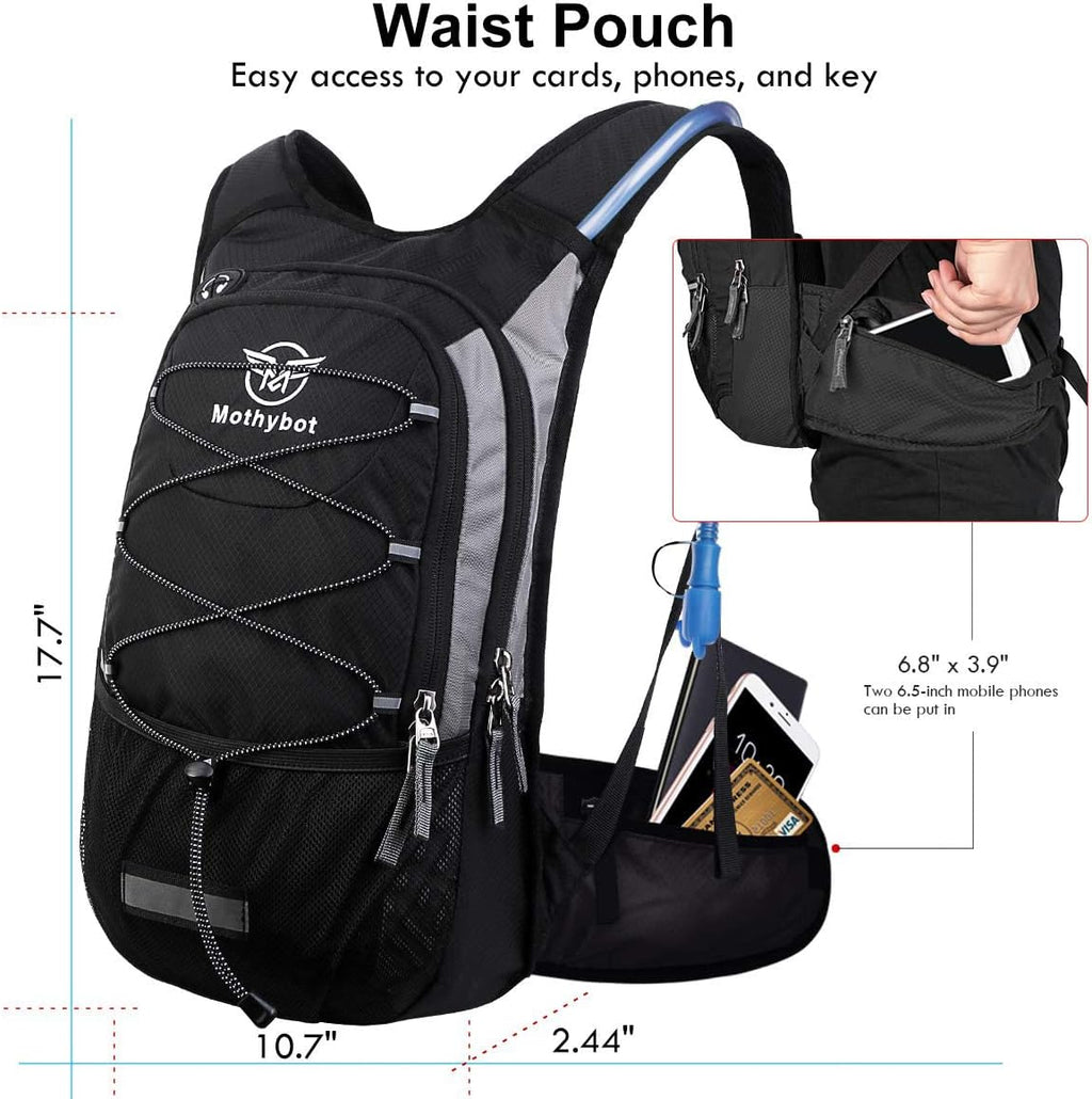Mothybot Hydration Pack, Insulated Hydration Backpack with 2L BPA Free Water Bladder and Storage, Hiking Backpack for Men, Women, Kids for Running, Cycling, Camping - Keep Liquid Cool up to 5 Hours
