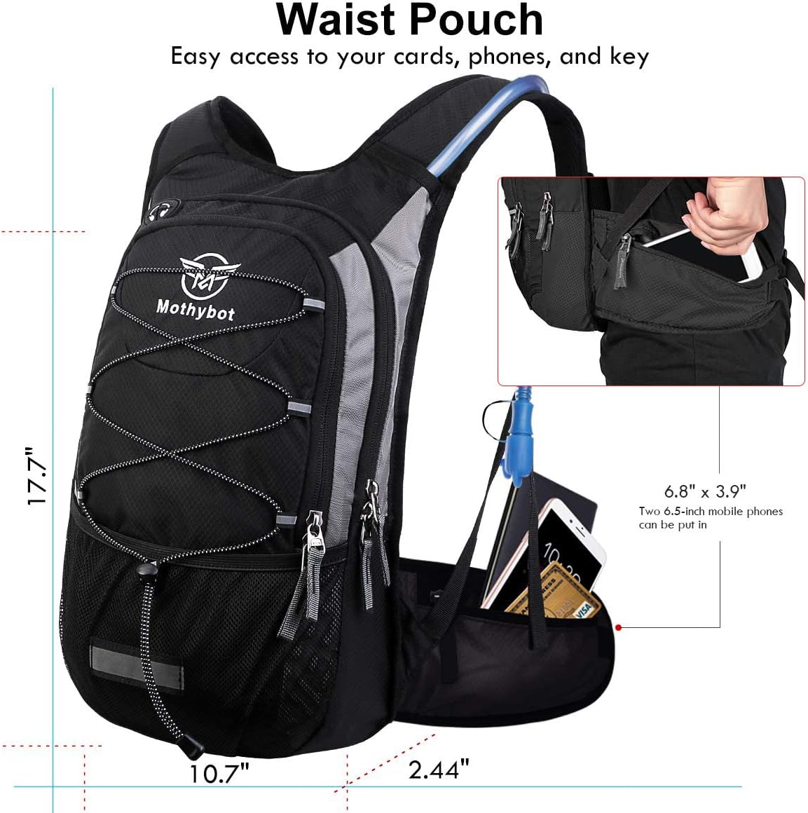 Mothybot Hydration Pack, Insulated Hydration Backpack with 2L BPA Free Water Bladder and Storage, Hiking Backpack for Men, Women, Kids for Running, Cycling, Camping - Keep Liquid Cool up to 5 Hours