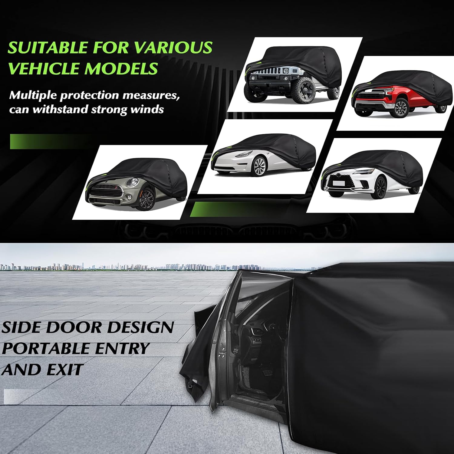 16-Layer 600D Heavy Duty Universal Full Car Cover for Outdoor & Indoor Use - All Weather Sun UV Rain Snow Dust Proof, Waterproof Scratch Resistant, Fits SUVs Body Length 201"-211"/16.7-17.5 ft
