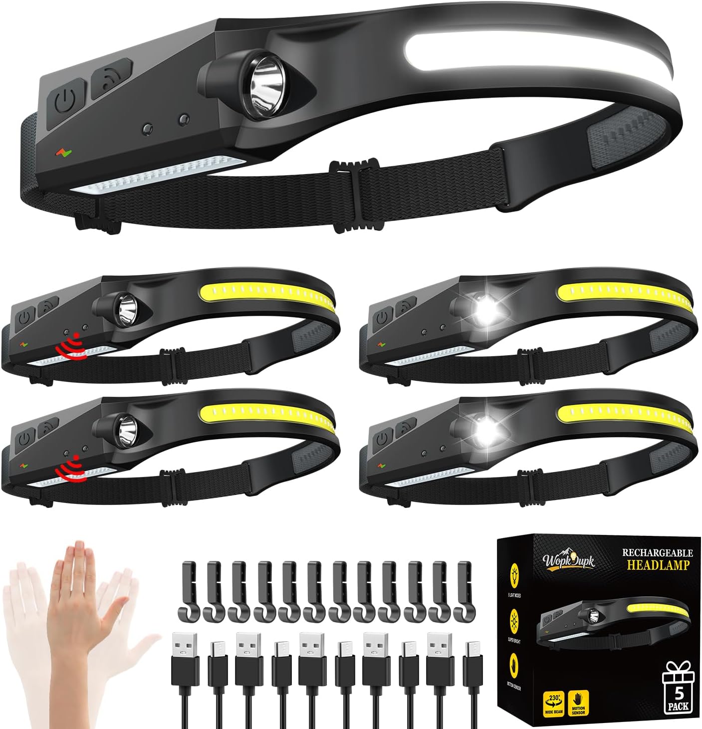 Rechargeable Headlamp 3PCS, 230° LED Head Lamp, Head Lights for Forehead | Motion Sensor, Bright Wide Beam, 5Mode Headband Light, Hard Hat Light, Headlight for Adults Mechanic Camping Essentials Gear