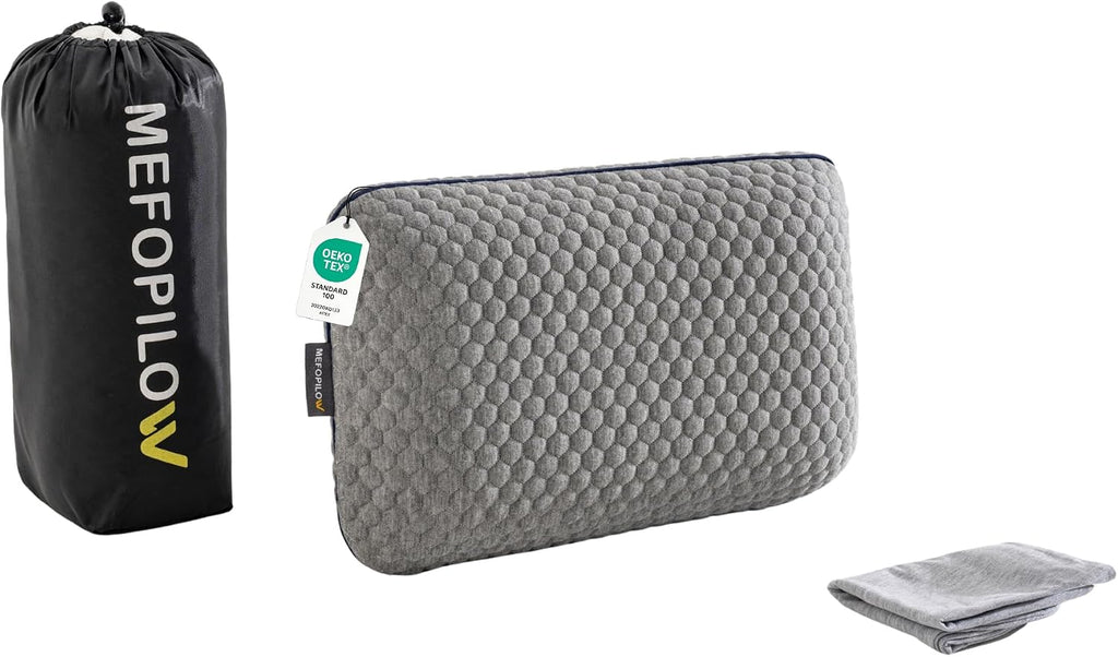 Memory Foam Travel Pillow with Washable Cover & Carry Bag – Compact, Soft & Breathable Neck Pillow for Airplane, Camping & Car (Gray- with Extra Gray Cotton Cover, 15.7x9.8x3.9 inches)