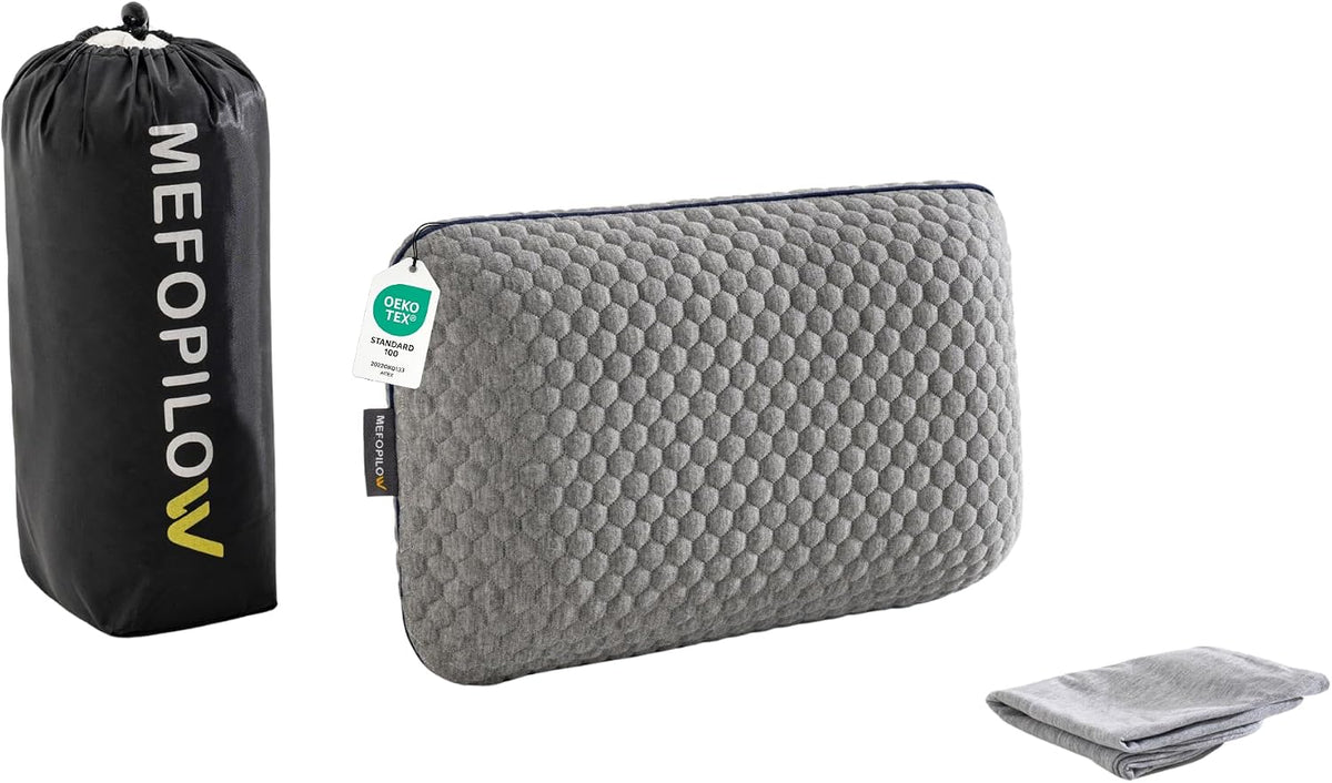 Memory Foam Travel Pillow with Washable Cover & Carry Bag – Compact, Soft & Breathable Neck Pillow for Airplane, Camping & Car (Gray- with Extra Gray Cotton Cover, 15.7x9.8x3.9 inches)