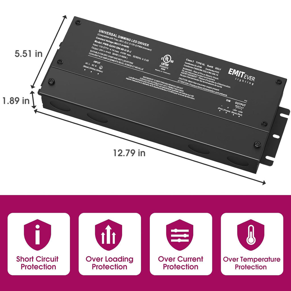 EMITEVER 384W 24V 5-in-1 4-Channel Dimmable LED Driver, AC 110-277V to DC
