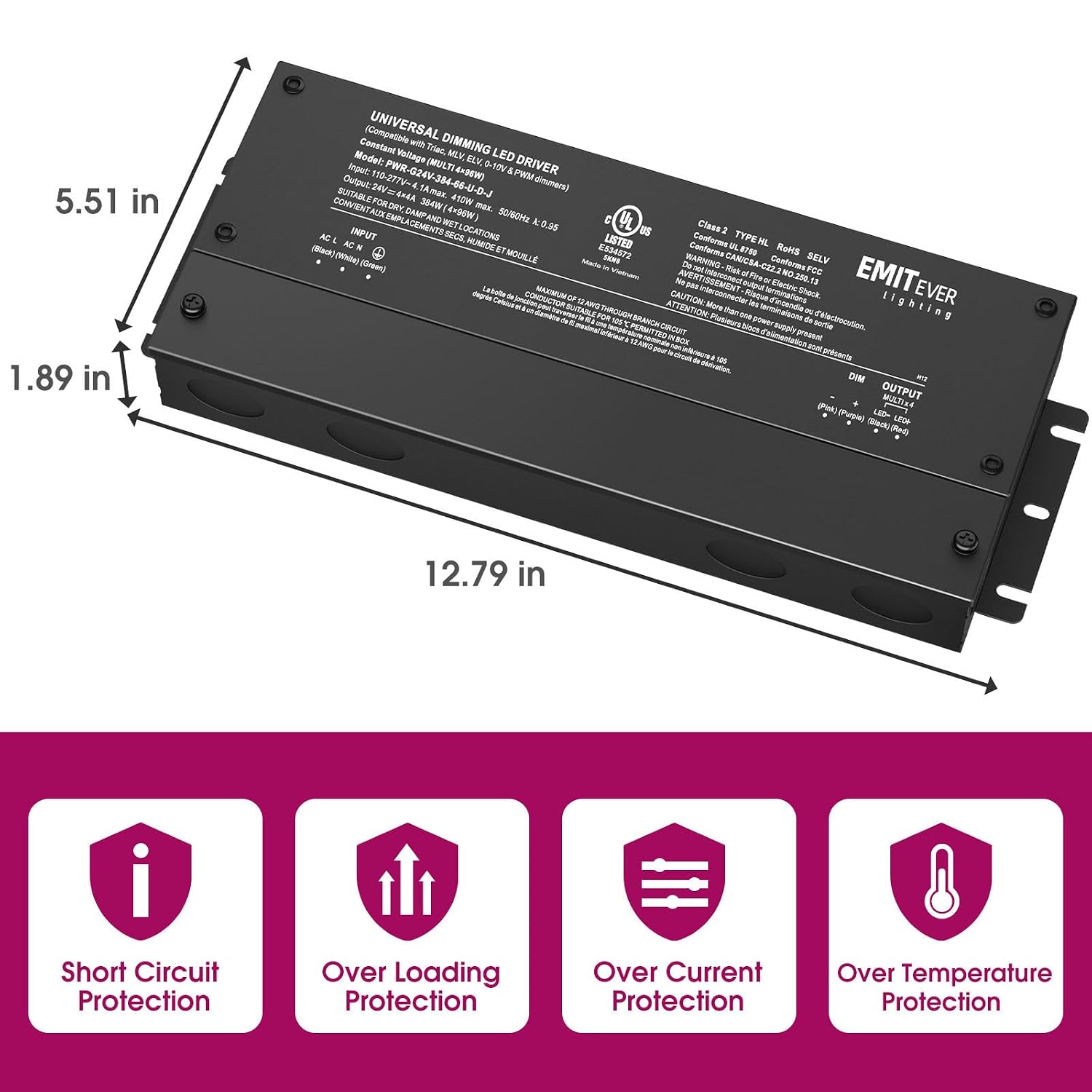 EMITEVER 384W 24V 5-in-1 4-Channel Dimmable LED Driver, AC 110-277V to DC