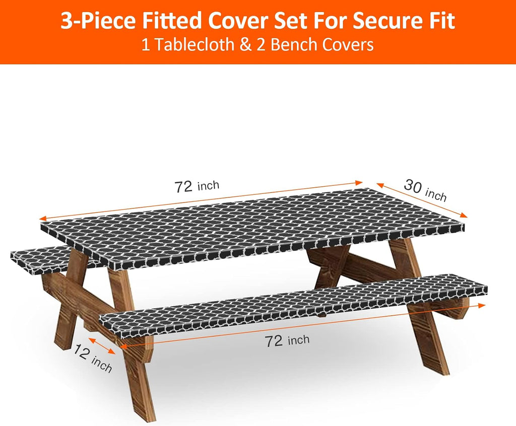 6ft 72in Picnic Table and Bench Cover, 3 Pack, Black-White Moroccan