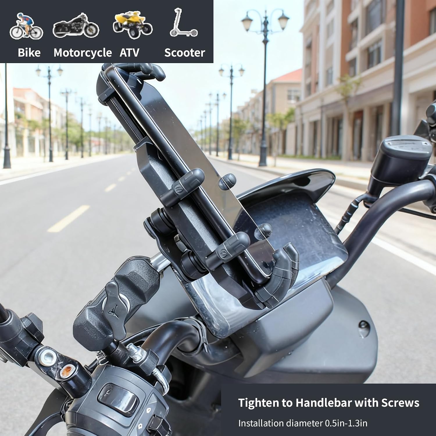 Motorcycle Phone Mount Holder, Motorcycle Cell Phone Holder with Vibration Dampener, 360° Rotate Adjustable Bike Phone Mount Handlebar Cellphone Holder for 5.2''-6.6'' Smartphones