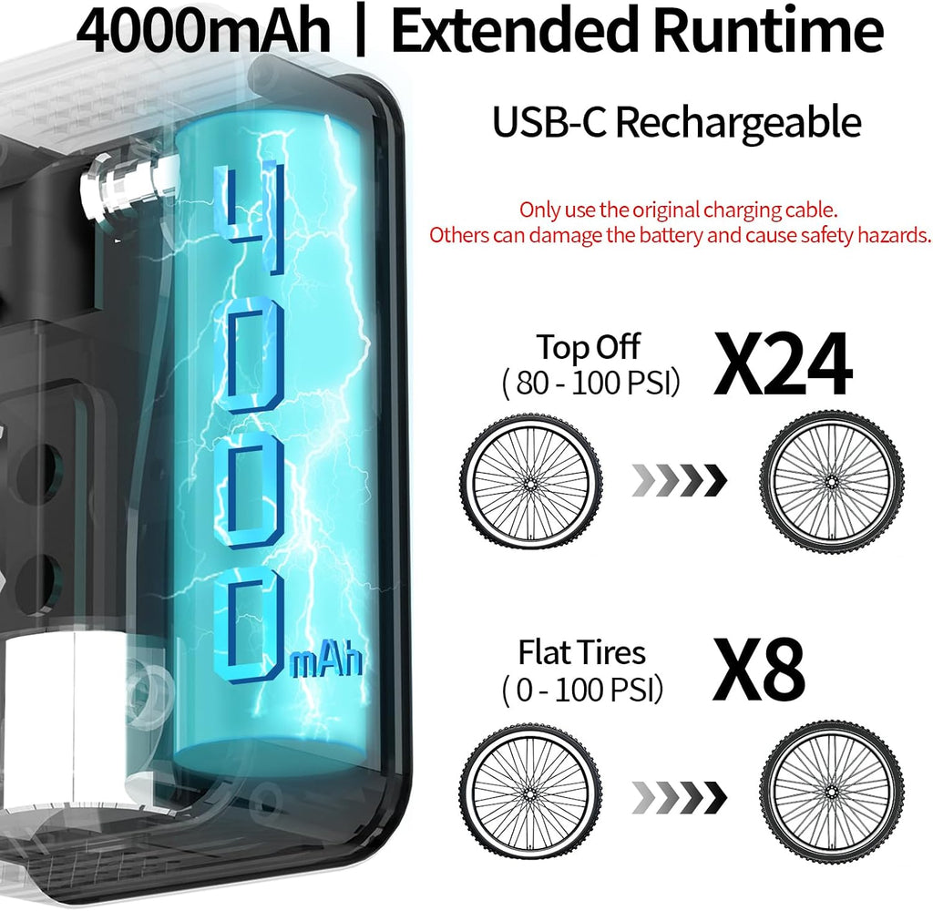 Mini Electric Bike Pump, Max 150 PSI Fast Inflation with Digital Pressure Gauge, Smart Auto Stop, USB-C Rechargeable, Presta & Schrader Valve for Road Bike, MTB, E-Bike, Motorcycle, Balls