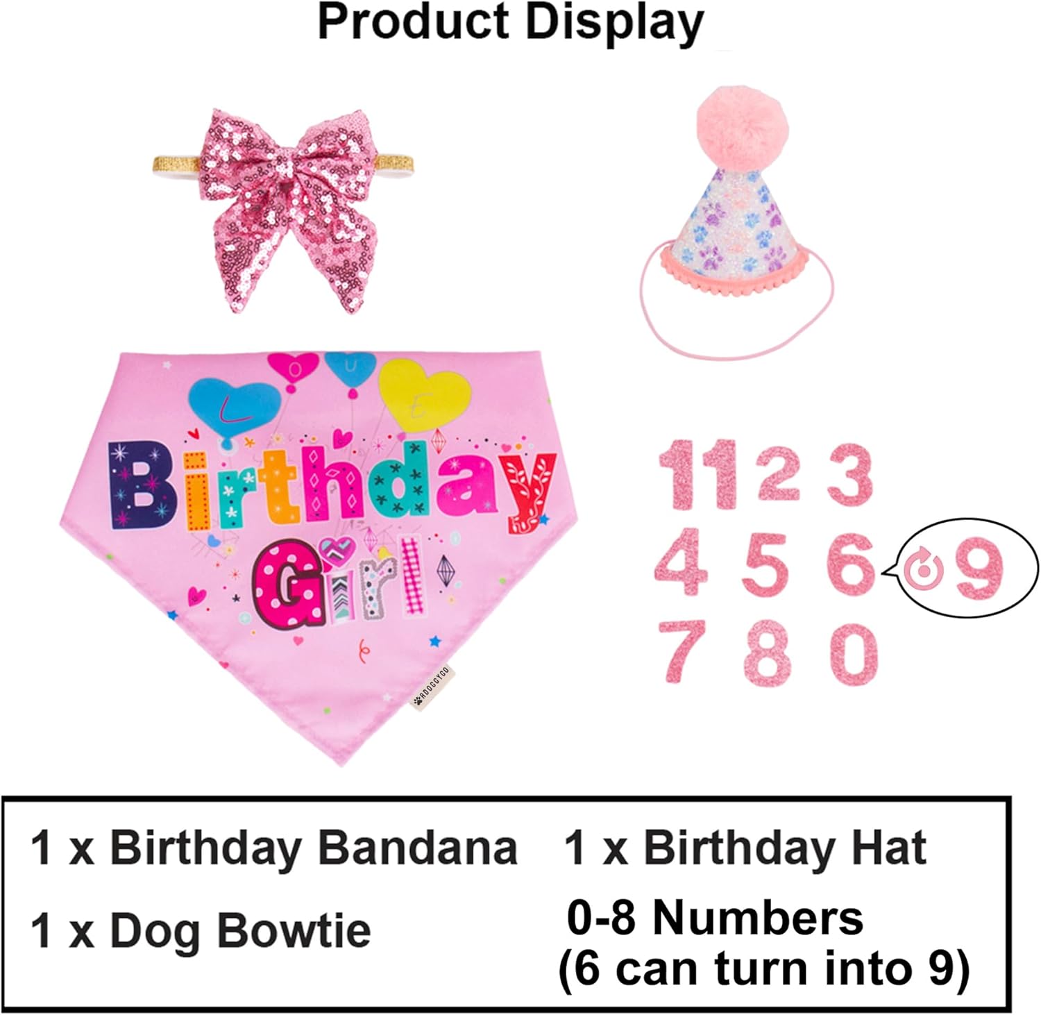 ADOGGYGO Dog Birthday Hat, Pink Birthday Girl Bandana Set, Small