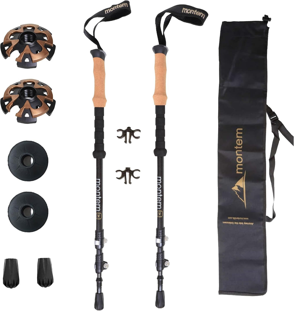 Montem Carbon Fiber Trekking Poles – Ultralight 3K Hiking Poles, Collapsible & Adjustable with Cork Grip, Quick Lock Walking Sticks for Backpacking & Travel (2-Pack)