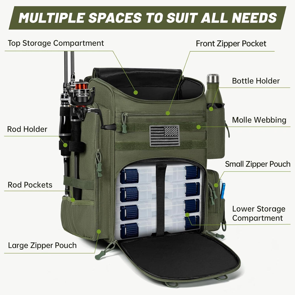 40L Tackle Fishing Backpack with 2 Rod Holders, Water Resistant