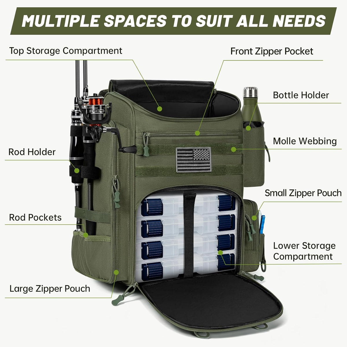 40L Tackle Fishing Backpack with 2 Rod Holders, Water Resistant