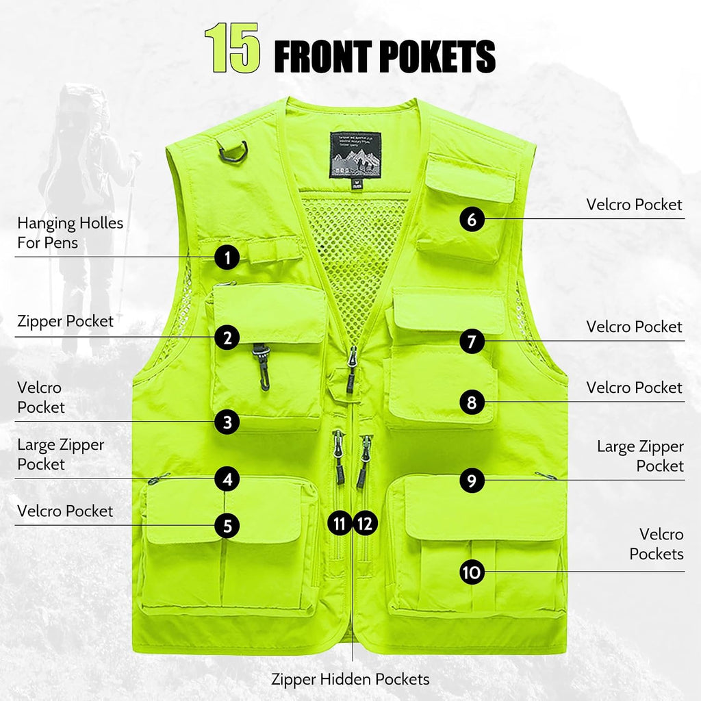 AOTORR Mens Outdoor Work Safari Cargo Photo Travel Fishing Vests for Men with Multi-pockets