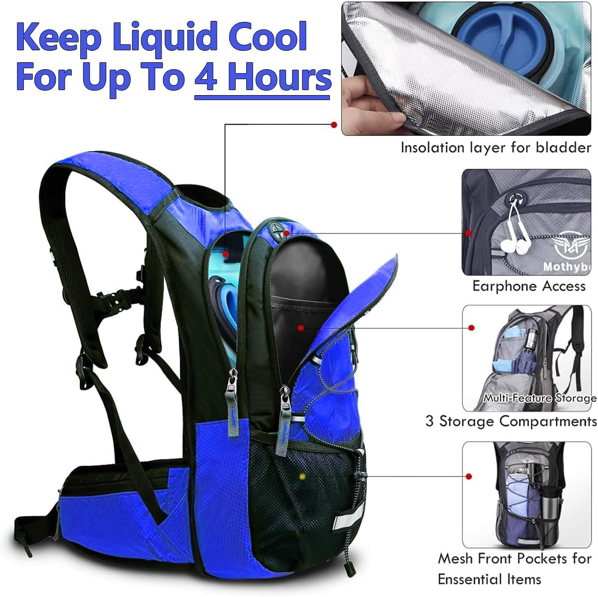 Mothybot Hydration Pack, Insulated Hydration Backpack with 2L BPA Free Water Bladder and Storage, Hiking Backpack for Men, Women, Kids for Running, Cycling, Camping - Keep Liquid Cool up to 5 Hours