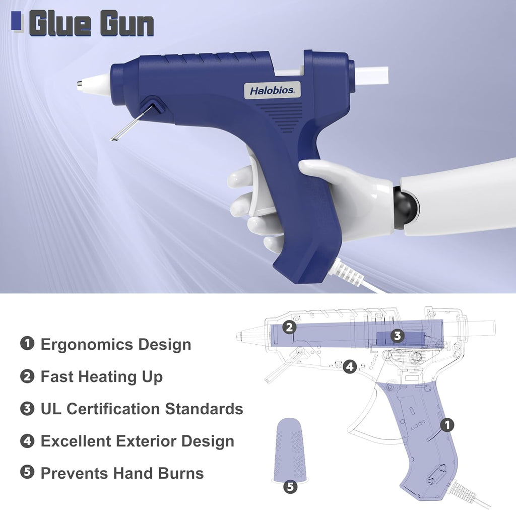 Halobios Hot Glue Gun with Preheating, 20 Glue Sticks, Full Size for DIY Crafts & Home Repairs (40W Blue)