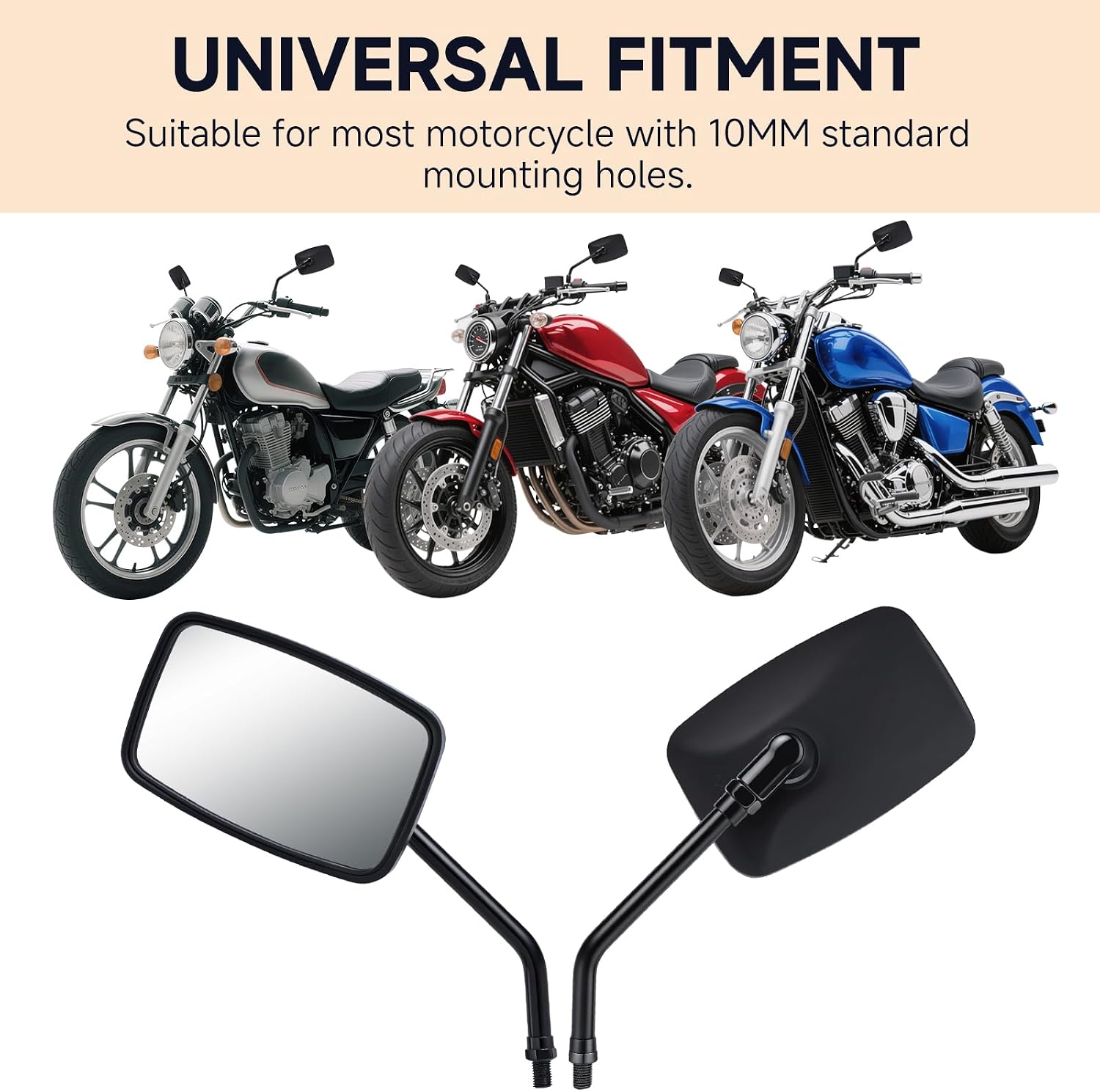 Universal Motorcycle Mirrors - M10 Black Rectangle Handlebar Rearview Mirrors Compatible with Honda Shadow MSX125 Kawasaki Vulcan Z900 Suzuki SV650 Volusia