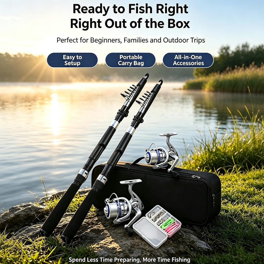 Fishing Pole Combo Set,2.1m/6.89ft 2PCS Collapsible Rods 2PCS Spinning Reels Lures Set Carrier Bag Carbon Fiber Telescopic Fishing Rods Sea Saltwater Freshwater Kit Fishing Rod Reel Combos