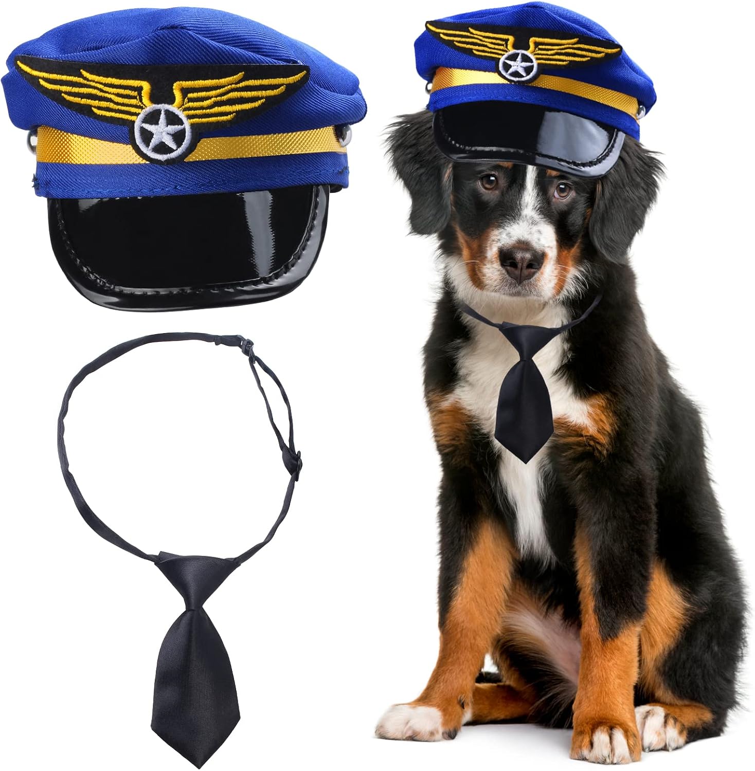 Yewong 3-Piece Pet Captain Costume Accessory Set - Dog & Cat Pilot Hat, Formal Necktie & Collar - Fancy Dress & Halloween Party (Set-B)
