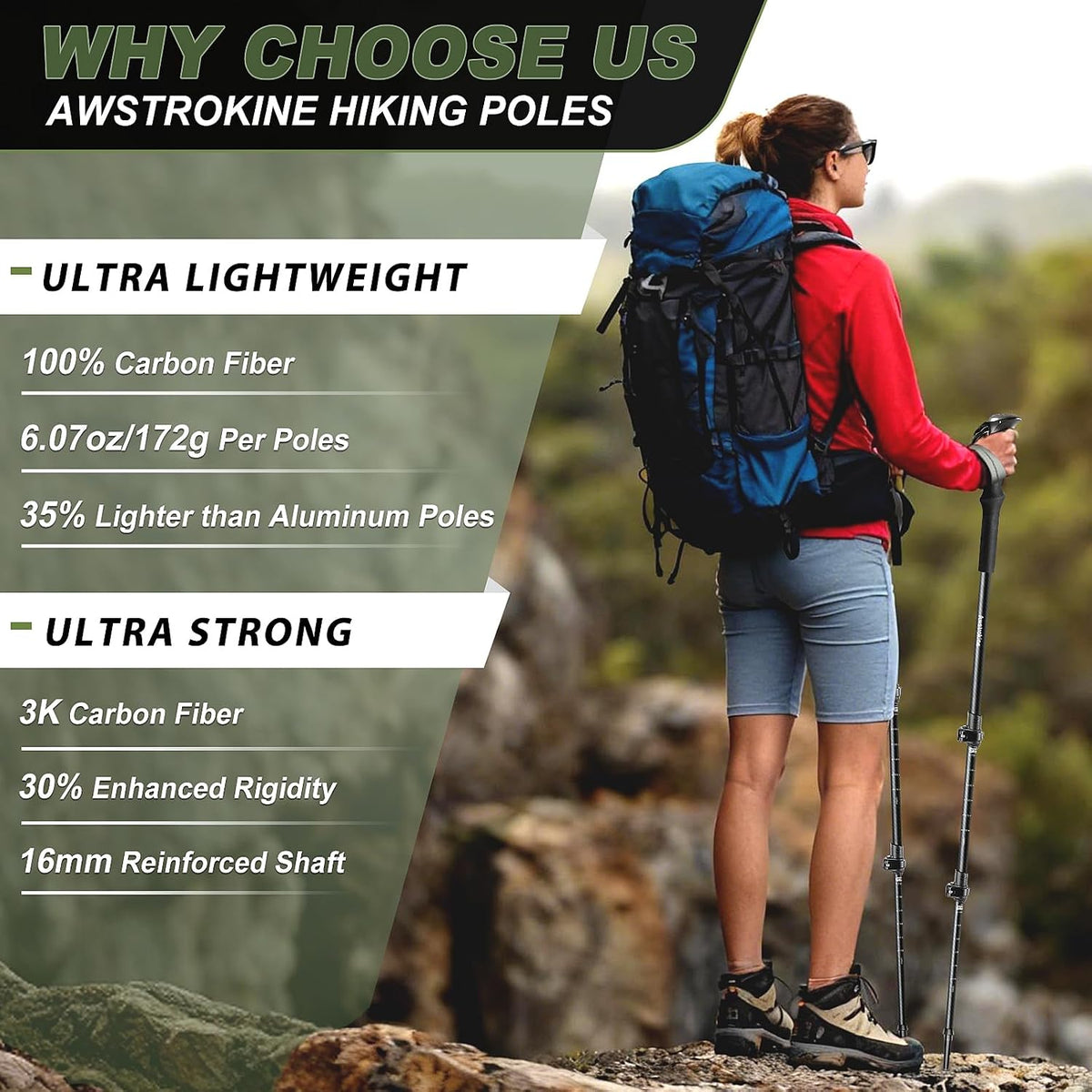 Ultra Light Carbon Fiber Hiking Trekking Poles - 6.07oz Nordic Trekking Sticks with Full EVA Grips & Quick Locks, All-Terrain Hiking Sticks for Seniors, Men & Women, Set of 2