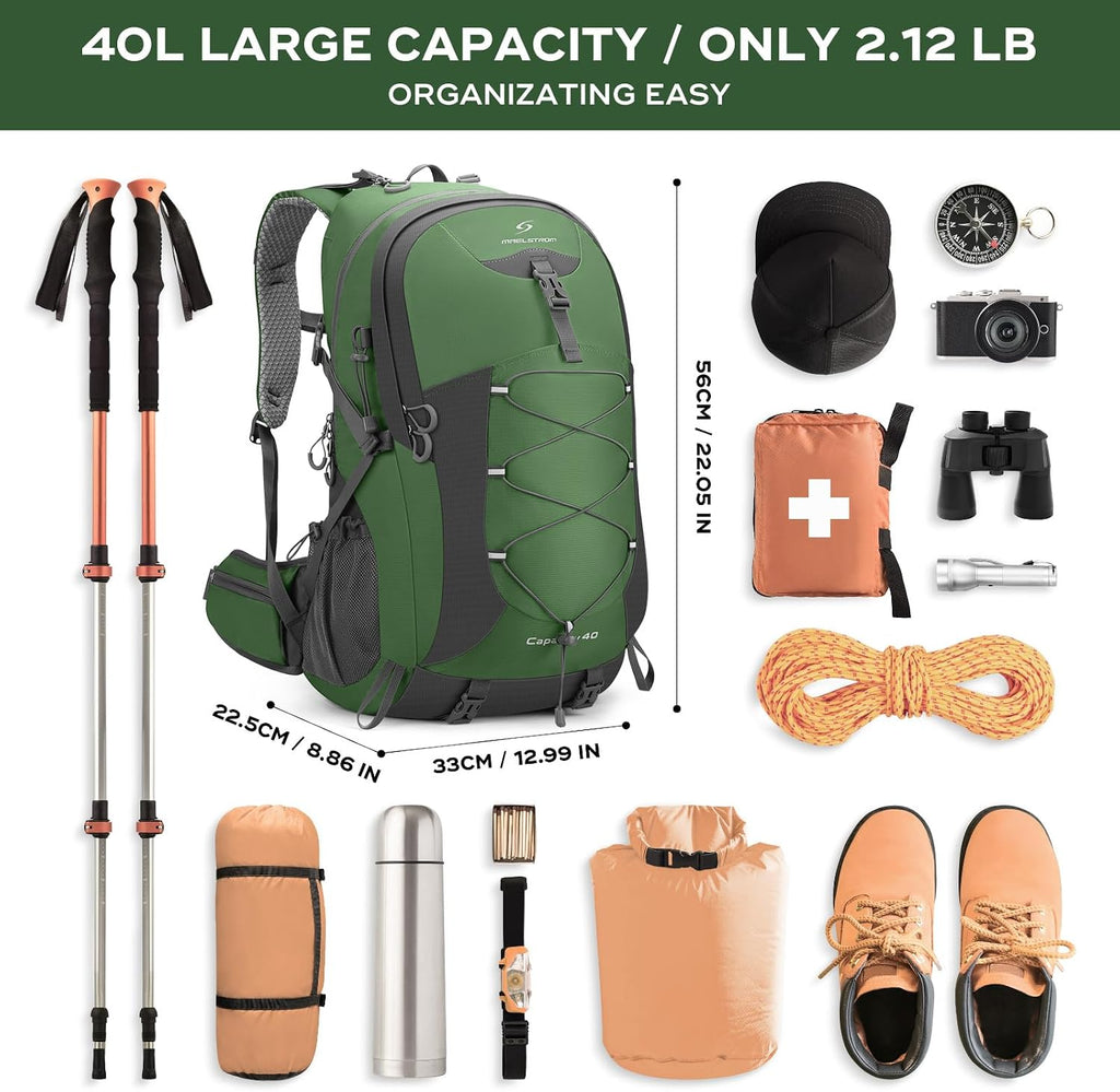 Maelstrom 40L Hiking Backpack, Lightweight Camping Daypack with Rain Cover