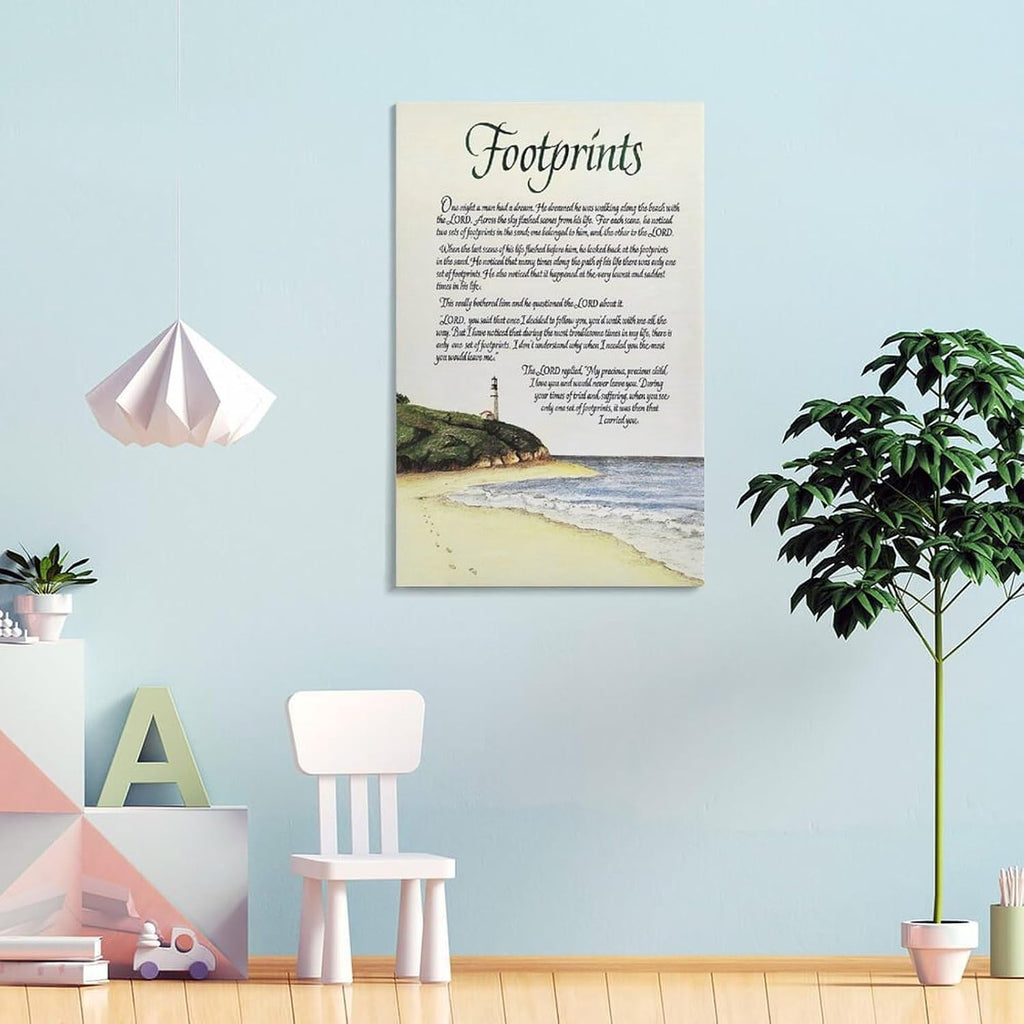 Footprints in the Sand Religious Canvas Wall Art Posters, Inspirational Beach Sunset Poem Print Poster (Framed 20x30inch, Footprints(5))
