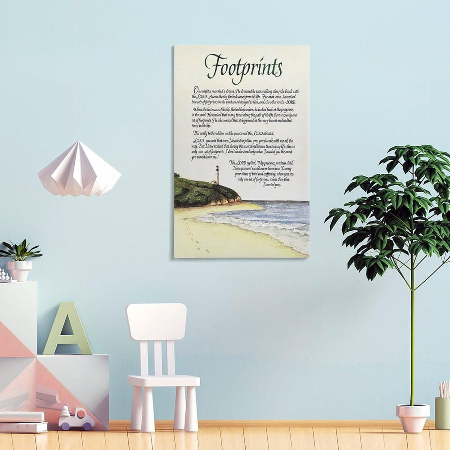 Footprints in the Sand Religious Canvas Wall Art Posters, Inspirational Beach Sunset Poem Print Poster (Framed 16x24inch, Footprints(5))