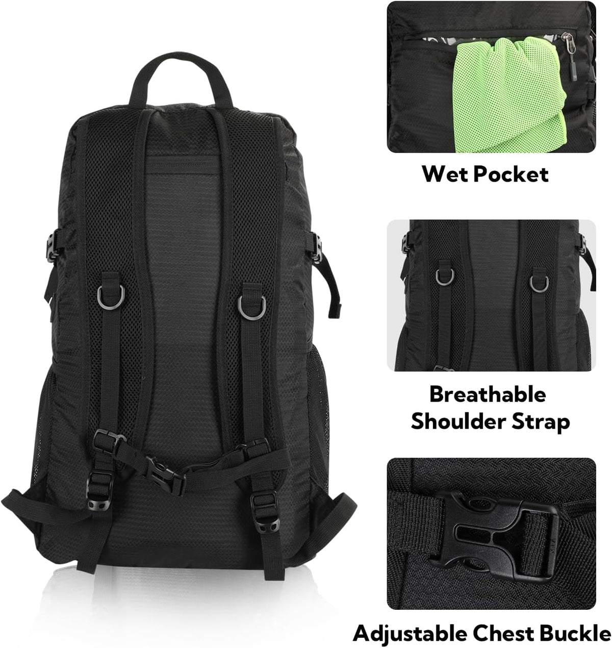 WATERFLY Lightweight Packable Hiking Backpack, 30L Day Pack Black
