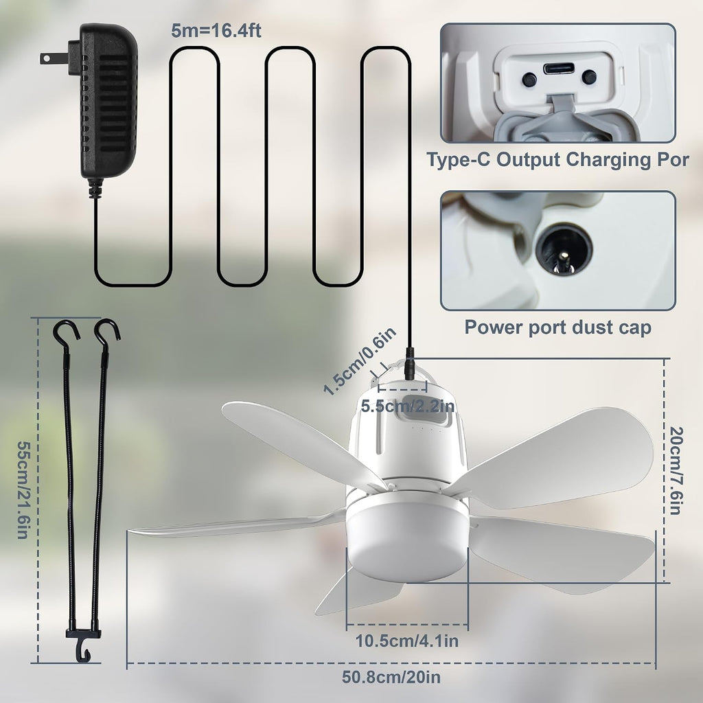 Battery Operated Outdoor Ceiling Fan, 20000mAh Portable Canopy Fan with Light, Remote & Hanging Hook, 3000k-6000k Dimmable Rechargeable Ceiling Fan for Tent, Gazebo, Patio, Camping (20'')