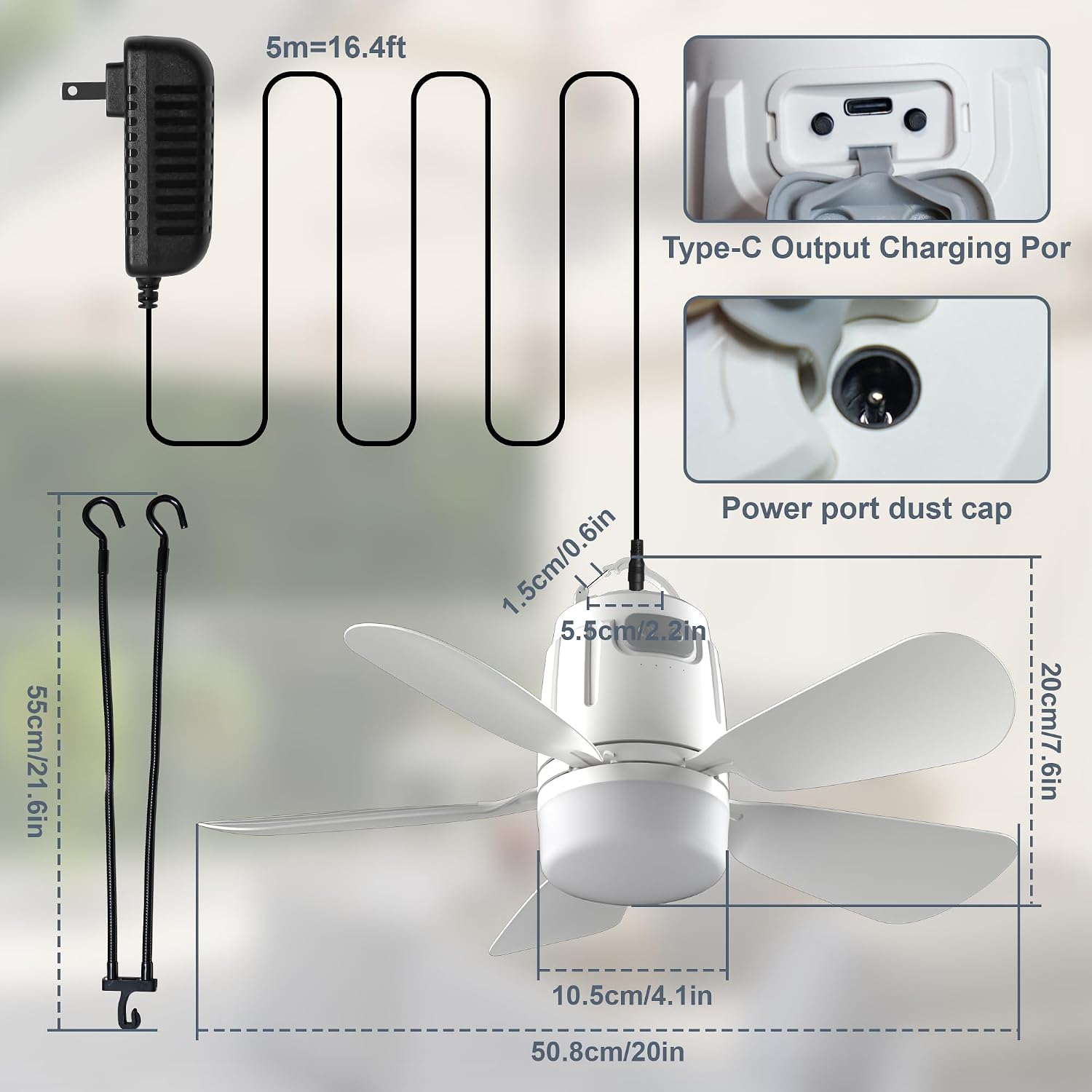 Battery Operated Outdoor Ceiling Fan, 20000mAh Portable Canopy Fan with Light, Remote & Hanging Hook, 3000k-6000k Dimmable Rechargeable Ceiling Fan for Tent, Gazebo, Patio, Camping (20'')