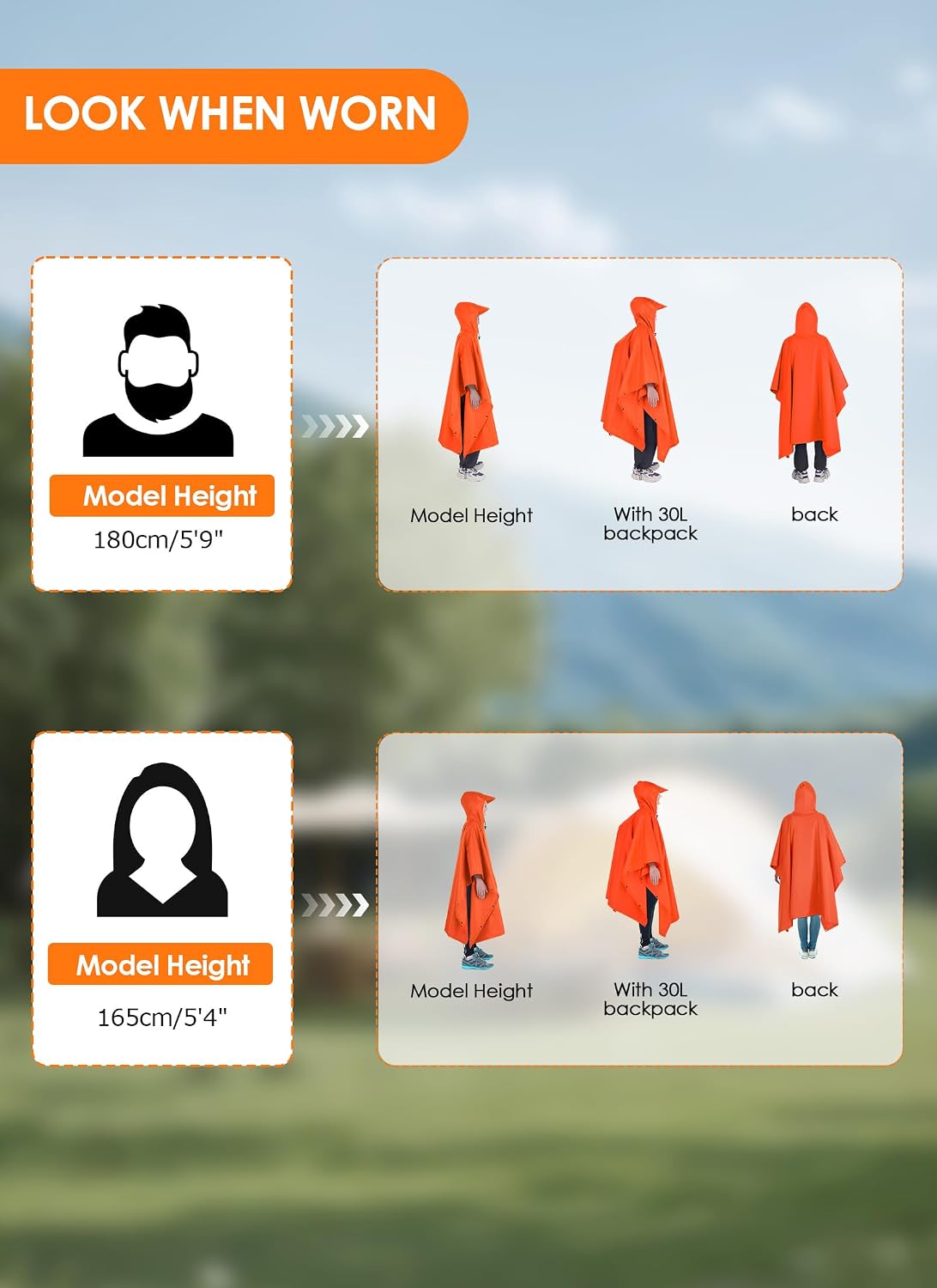 TOMSHOO Multifunctional Raincoat with Hood Waterproof for Adults