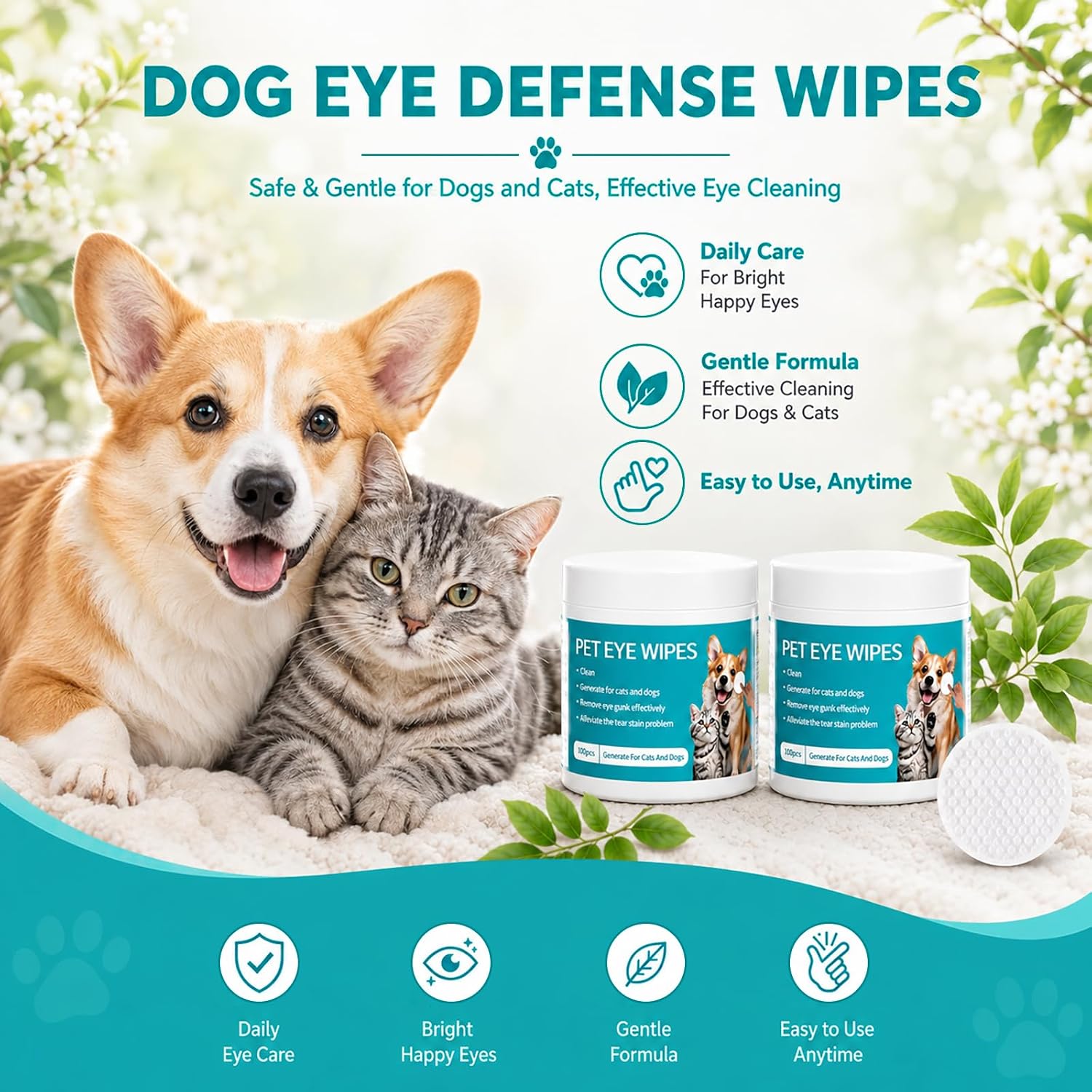 Dog Eye Wipes, Pet Eye Defense Wipes for Daily Cleaning, Tear Stain Remover with Chamomile & Aloe, Pre-Soaked Unscented for Sensitive Eyes, Gentle Texture (2Pcs)