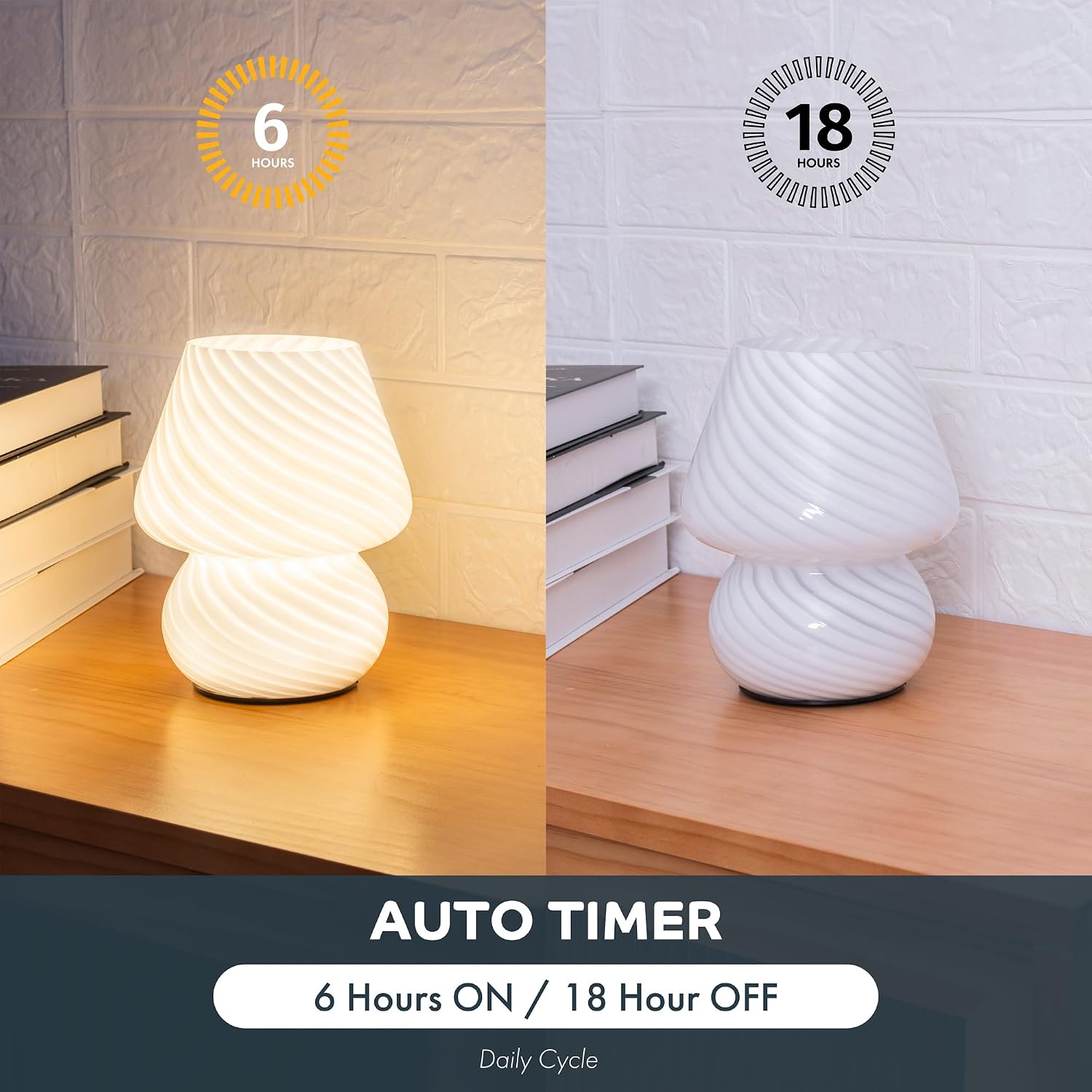 ULAROOM Battery Operated Mushroom Lamp - Vintage Small Table Lamp with Timer, Cordless Bedside Nightstand Lamp, Glass Battery Powered Lamp for Bedroom Kitchen Living Room Shelf Decor Aesthetic White