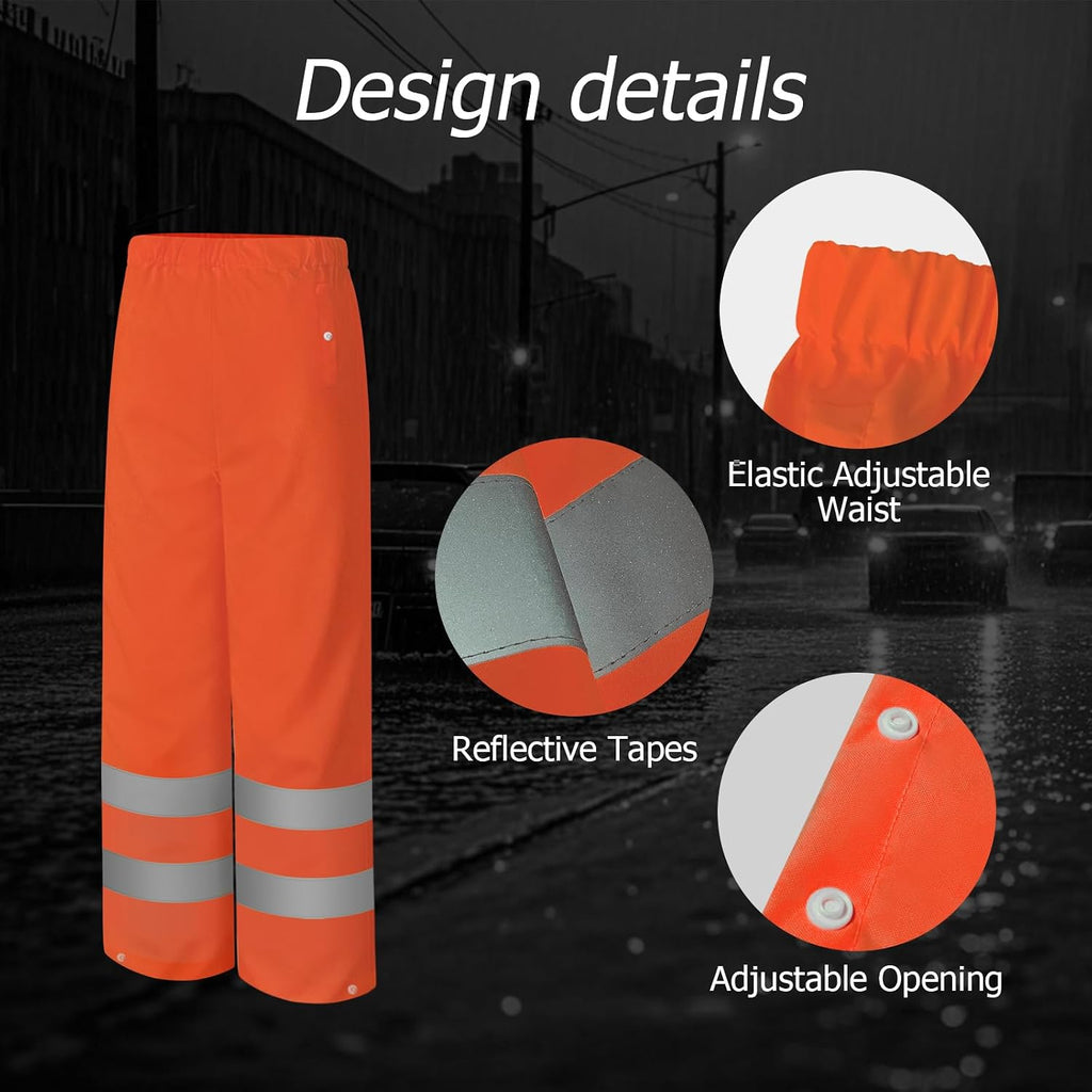 Hi Vis Rain Pants for Men, Safety Work Rain Gear, Orange, L-XL