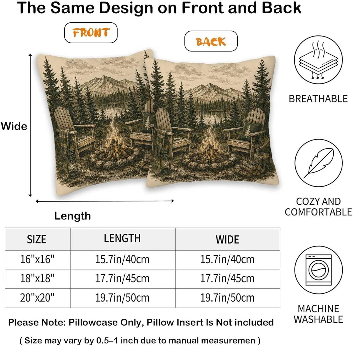 Rustic Cabin Campfire Throw Pillow Covers 18x18 Set of 2 | Mountain Lake House Decorative Cushion Covers | Pine Forest Woodland Lodge Pillow Cases for Couch Sofa Bed Living Room