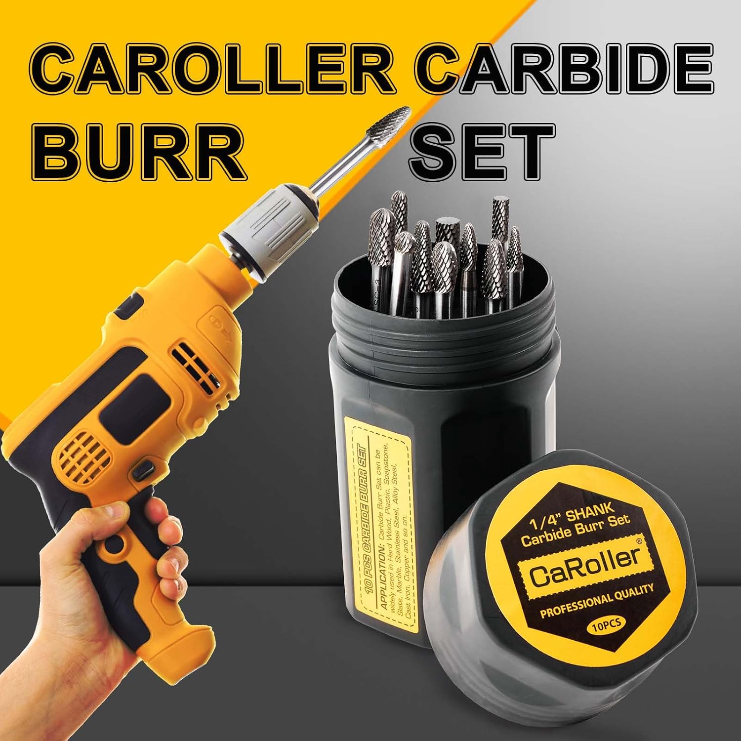 CaRoller Carbide Burr Set,1/4" Shank,10PC Double Cut Die Grinder RotaryTool
