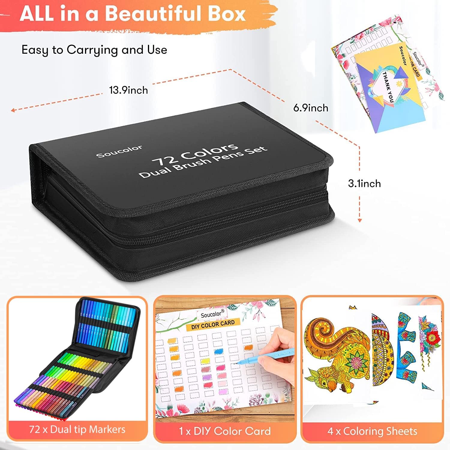Soucolor 72 Dual Brush Markers Adult Coloring Books,Fine &Brush Double Pens