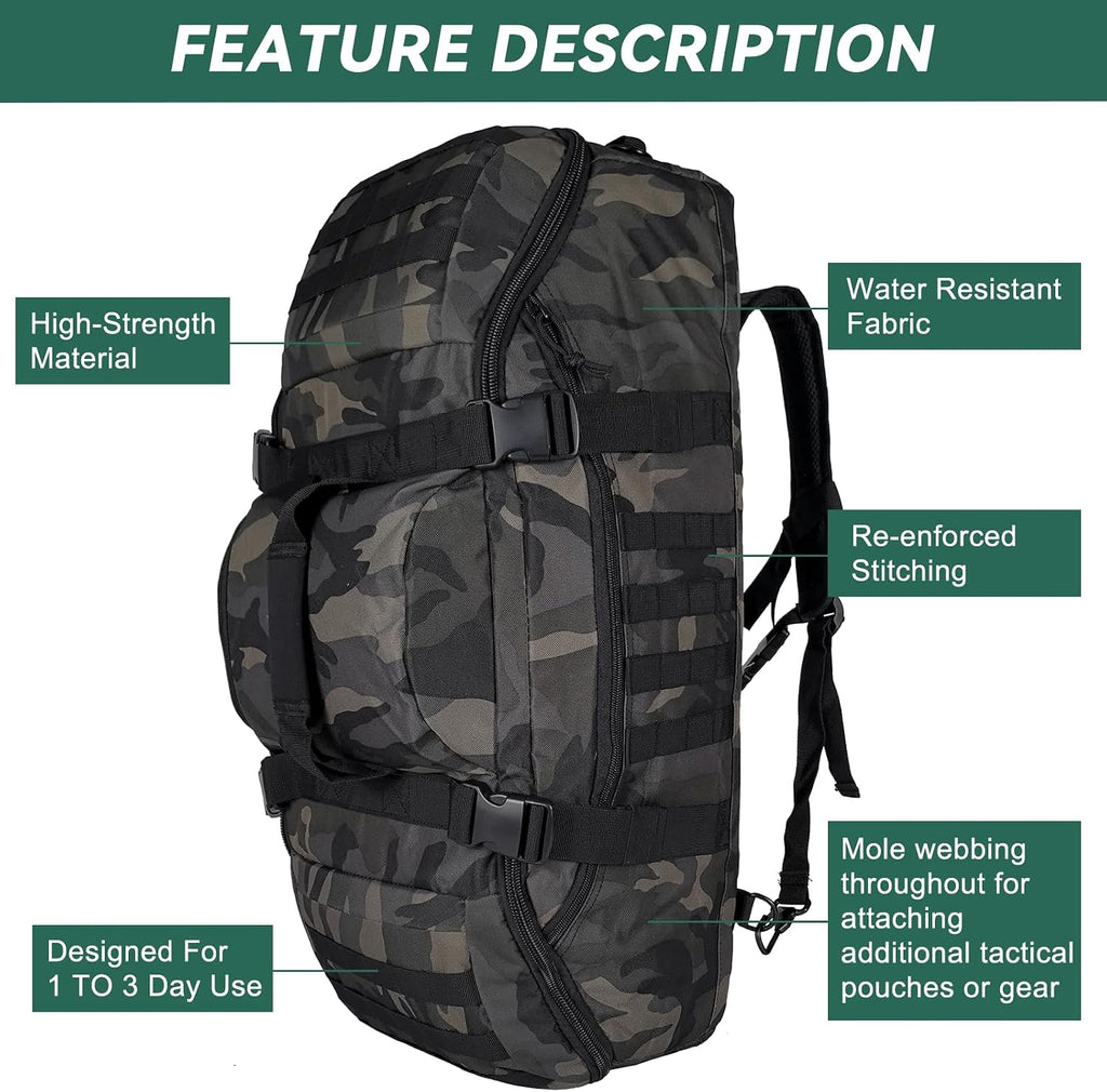 Hannibal Tactical 65L Large Duffle Bag, 3-in-1 Tactical Backpack MOLLE Pack for Sports, Gym, Outdoor, Black Camo
