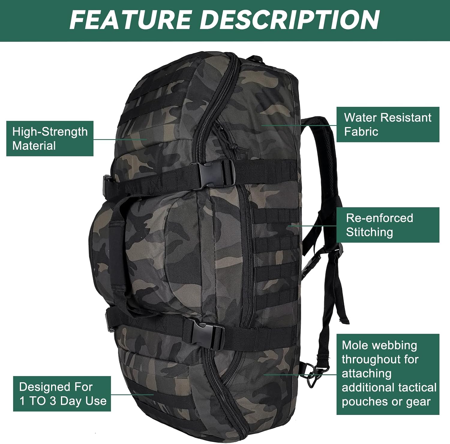 Hannibal Tactical 65L Large Duffle Bag, 3-in-1 Tactical Backpack MOLLE Pack for Sports, Gym, Outdoor, Black Camo