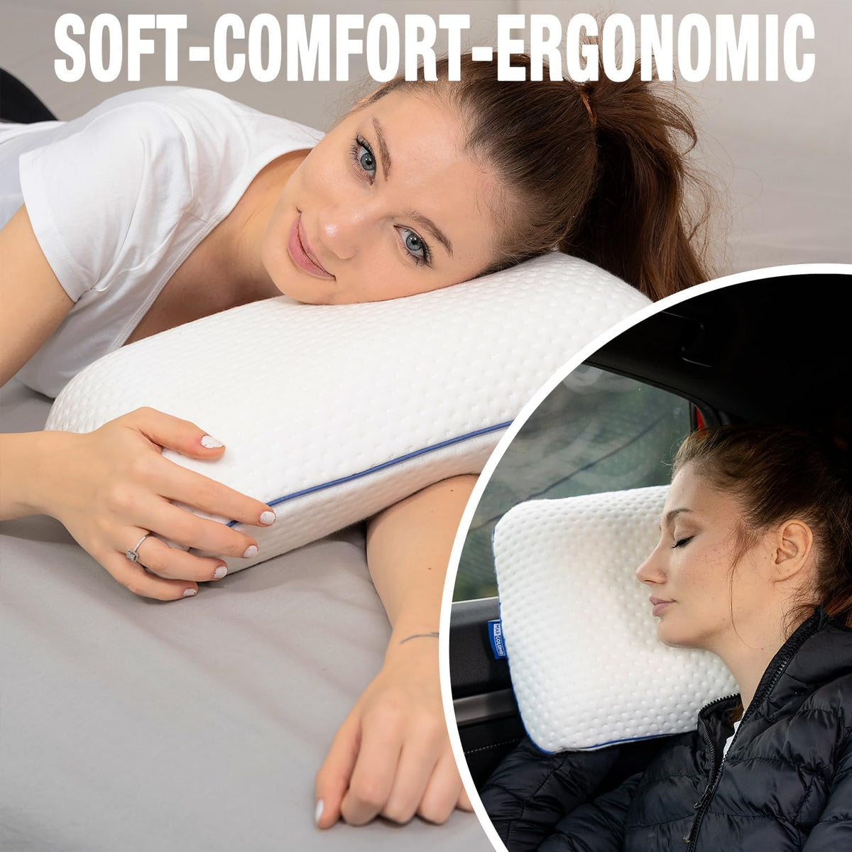 Travel & Camping Comfortable Memory Foam Pillow – Easy to Carry Portable Bag – Temperature Regulating Pillow Case - Perfect for Travelling (White)