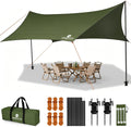 Camping Tarp with Poles & Retainer, 15x12.5FT Large Waterproof 210D Oxford Cloth Camping Canopy, Anti-UV UPF100+ Camping Awning Tent Tarp Car Awning for Outdoor, Picnic, Car, Hammock (Army Green)