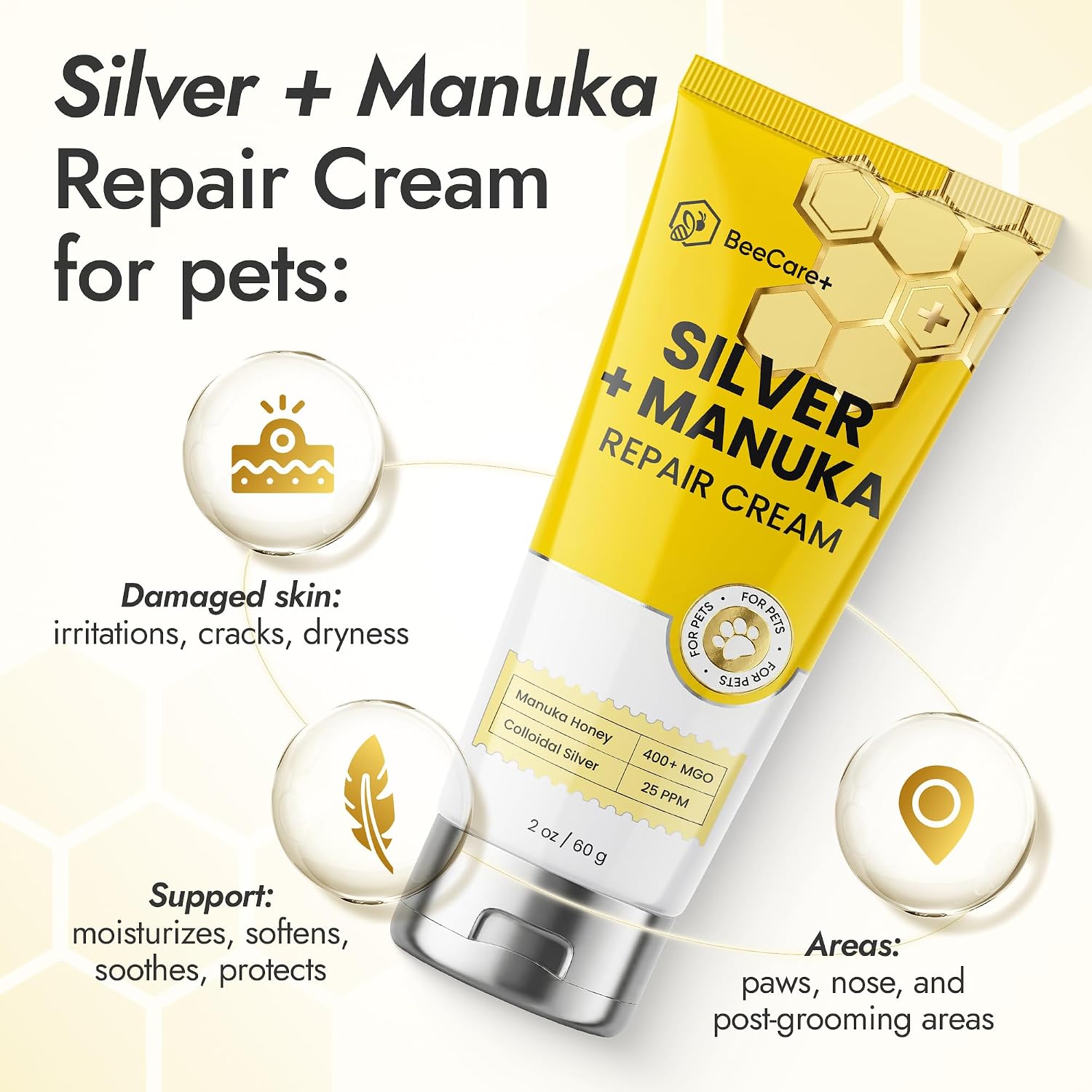 Silver + Manuka Repair Cream for Hot Spot Treatment for Dogs – Helps with Scratches, Irritations, Bites & Cuts – Cat Wound Care Ointment for Dry Skin – Suits for All Pet Breeds, Ages & Sizes – 2 oz