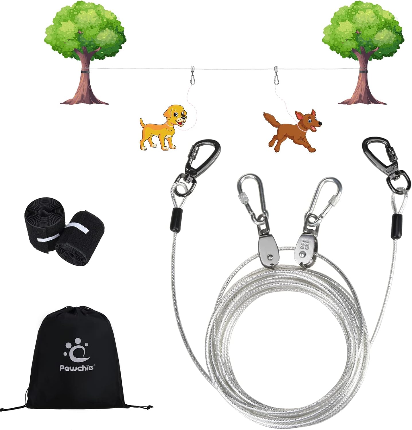 PAWCHIE Dog Tie Out Cable for Camping - 50ft Portable Overhead Trolley System for Dogs up to 200lbs, Heavy Duty Reflective Steel Wire Dog Runner for Yard, Parks, Outdoor Events