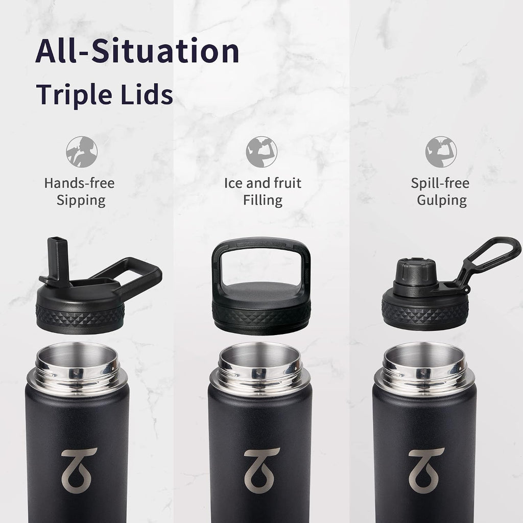 Trebo Insulated Water Bottle 24 oz with 3 Lids, Paracord Handle