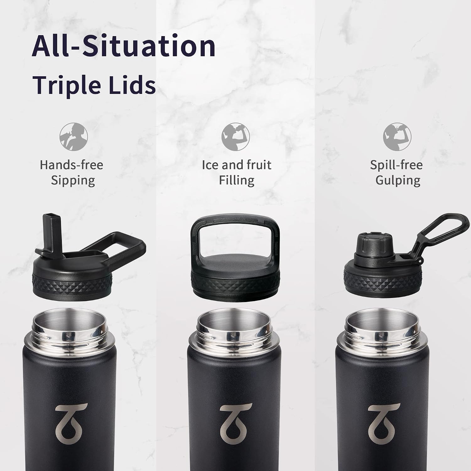 Trebo Insulated Water Bottle 24 oz with 3 Lids, Paracord Handle