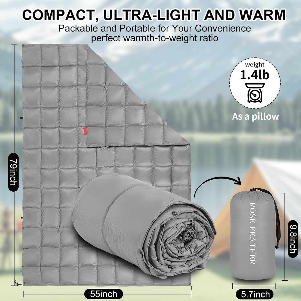 Down Camping Blanket - Lightweight, Packable, Warm & Puffy Outdoor Travel Quilt for Sleep, Hiking, Backpacking, Stadium, Festivals, Water-Resistant Sleeping Bag 55"x79"