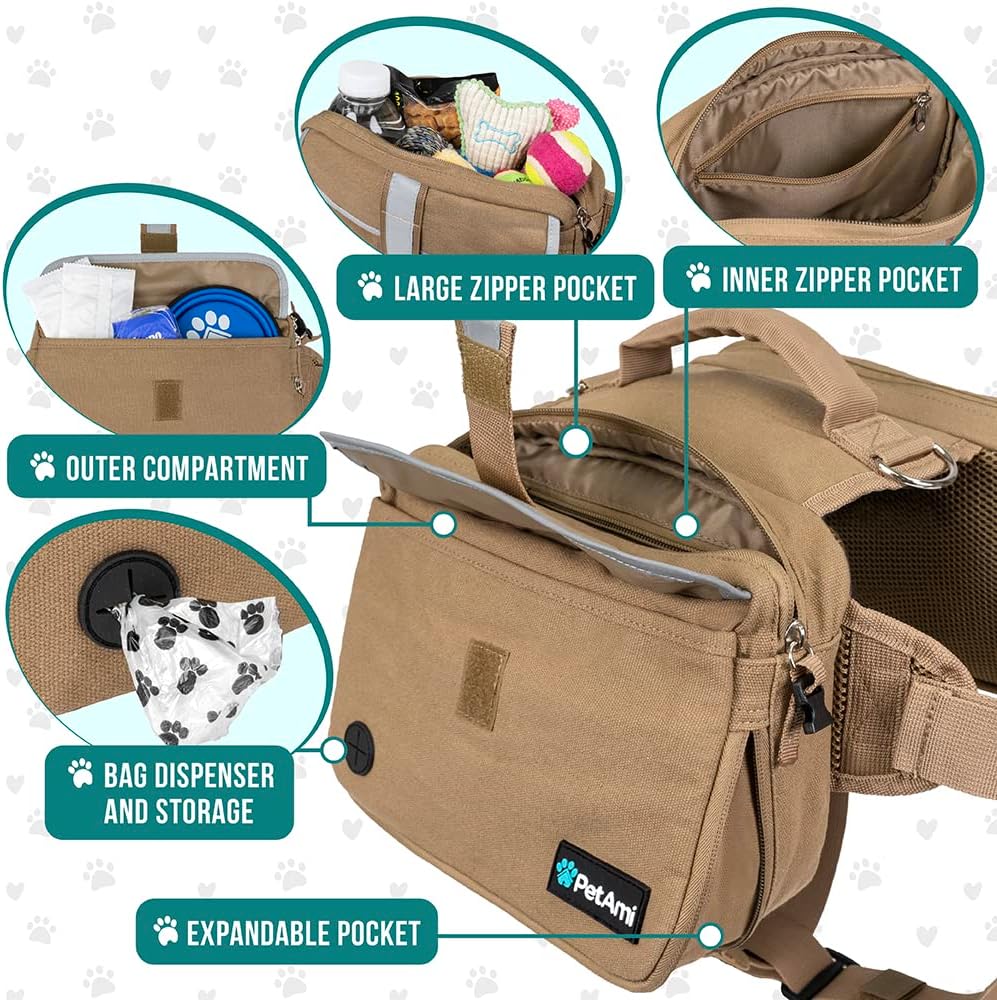 PetAmi Dog Backpack for Medium Large Dogs, Saddle Bag (Tan Canvas, Medium)