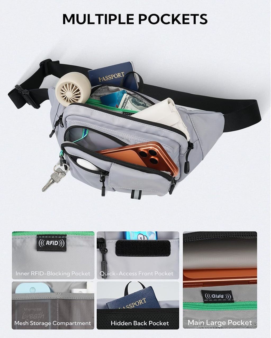 WATERFLY Fanny Pack Waist Bag: 3L Large RFID Anti-Theft with 9 Pockets