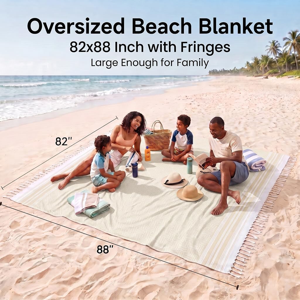 Yongoes Turkish Beach Towel Blanket Oversized 82x88 Beige Boho